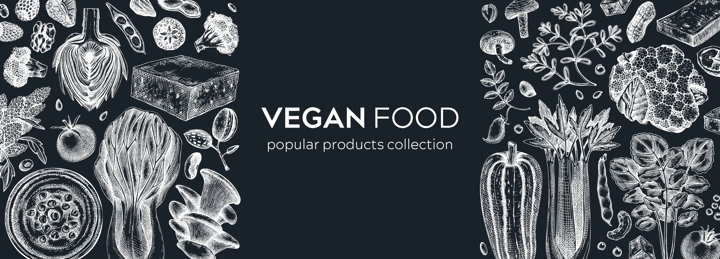 Vegan food banner on chalkboard. Healthy food background. Middle eastern cuisine frame. Hand drawn vegan meals and ingredients for menu, recipe, packaging design. Vegan food illustration